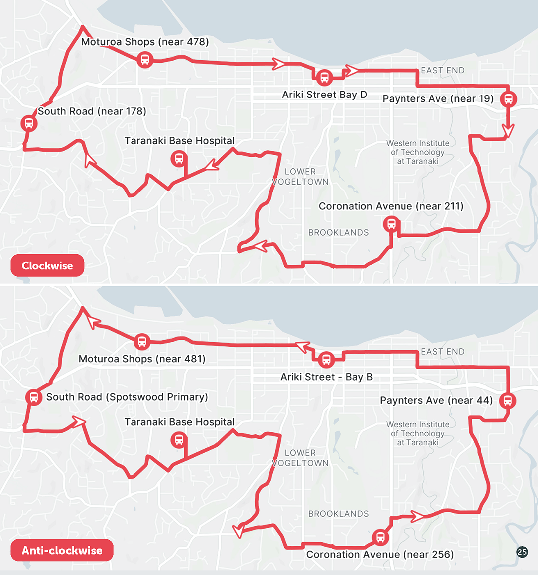 Map showing bus route 10a and route 10b in New Plymouth