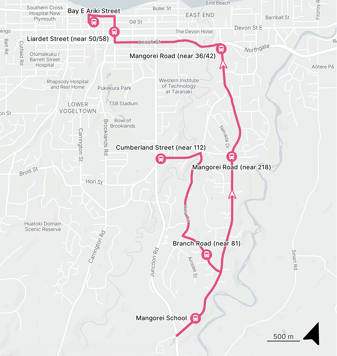 Map showing New Plymouth Streets with bus route 7-8
